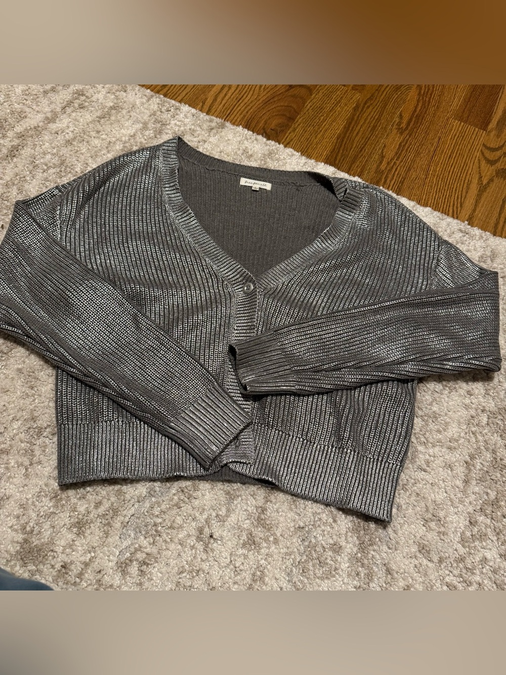 Metallic Charcoal V-Neck Cropped Cardigan Sweater